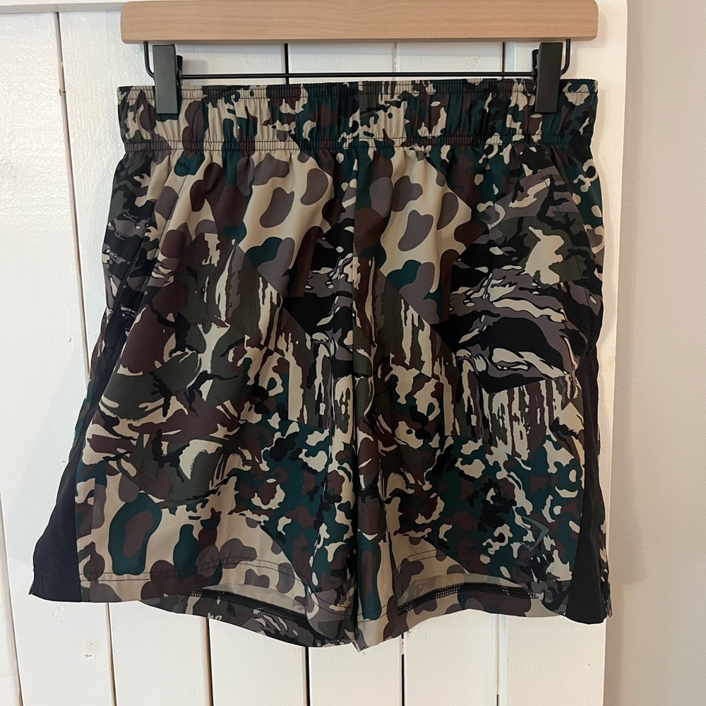 Gymshark Green and Brown Athletic Shorts Camouflage Design